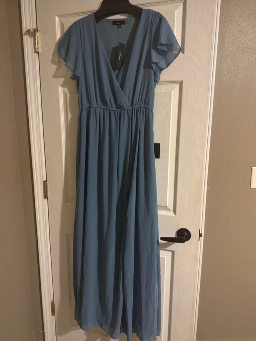 Lulu's Dusty Blue Flutter-Sleeve Maxi Dress